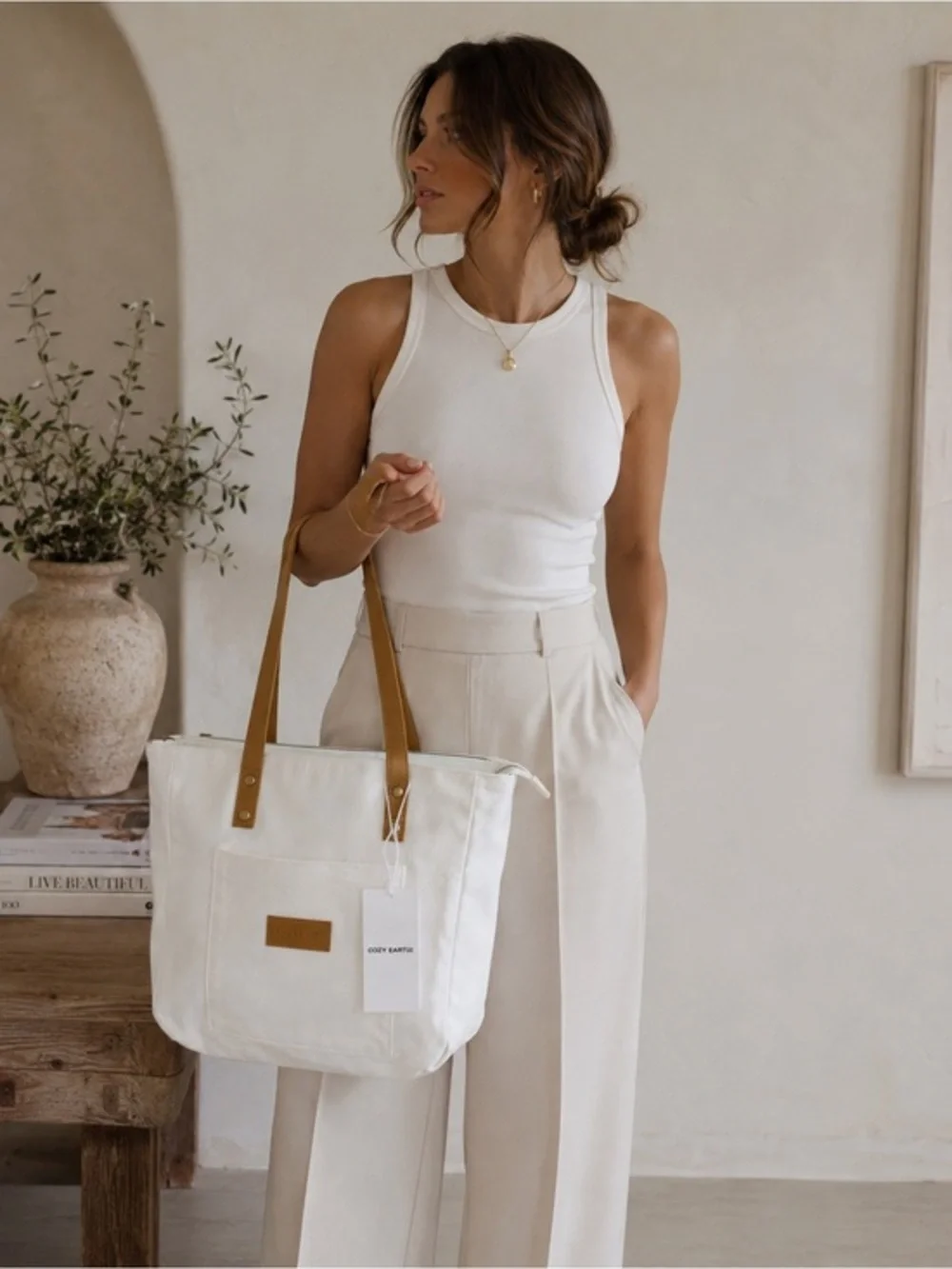 Cozy Earth Canvas Tote Bag Off White Tan Vegan Leather Handles NWT